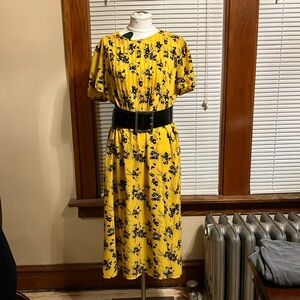Michael Kors Yellow Floral Midi Dress with Black Belt